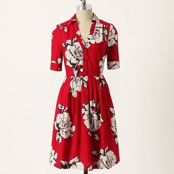 Maeve Dresses & Skirts - Anthropologie Dark Red White Roses Cotton Dress 6